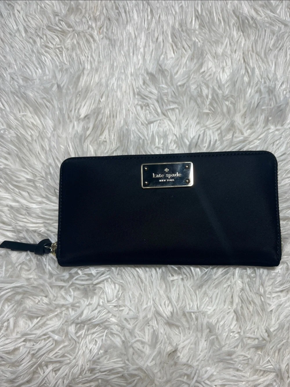 kate spade Black Zip-Around Logo Plate Wallet